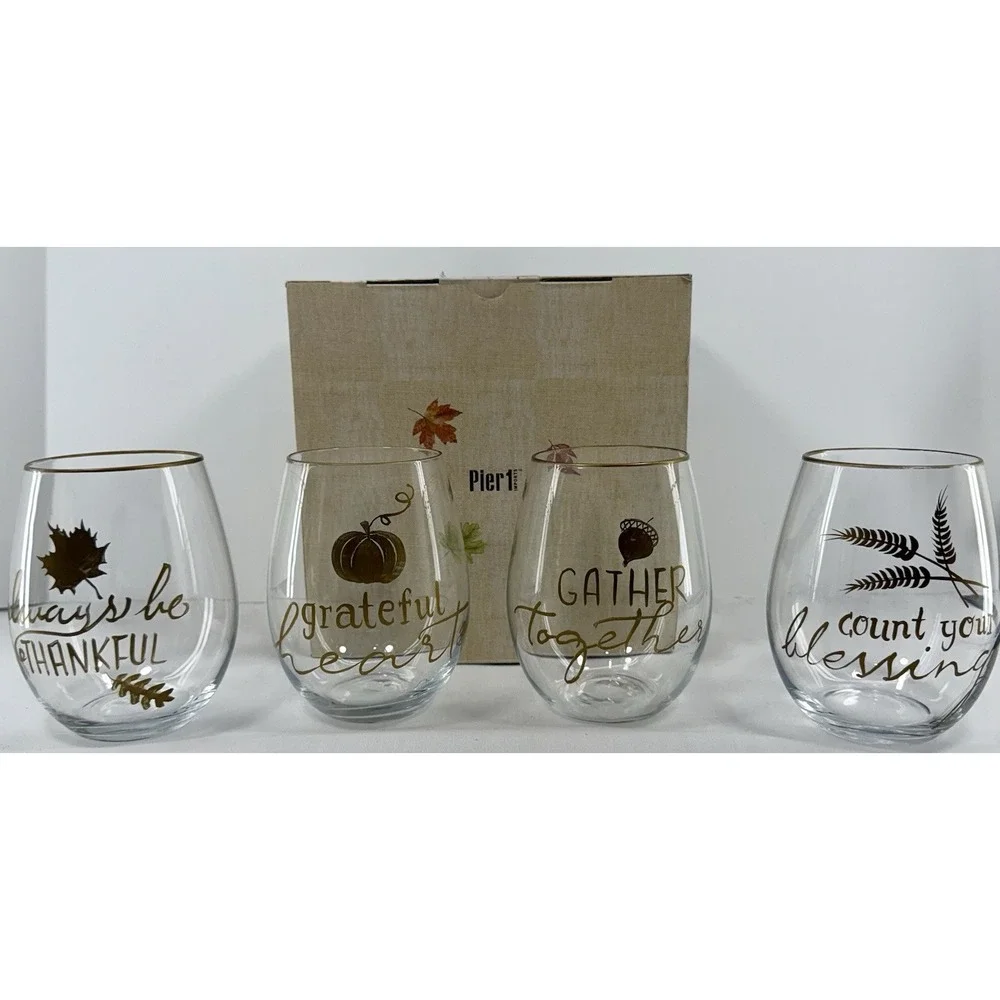 Pier 1 Imports Fall Stemless Wine Glasses Set of 4 Thanksgiving Hand Painted NIB
